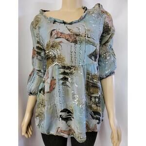 Tianello -Sz S Exquisite ASIAN GEISHA 3/4 Blue Rayon FLORAL Artsy Top Blouse #W1